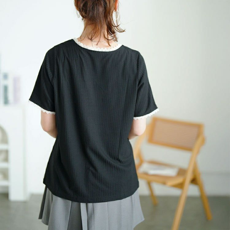 大きいサイズ レディース ビジューリボンレーススクエアネックリブトップス　goldy-1709【メール便可】