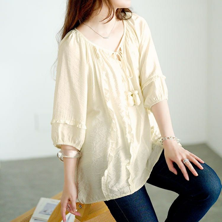 大きいサイズ レディース リボンスキッパーフリルブラウス　goldy-1708【メール便可】