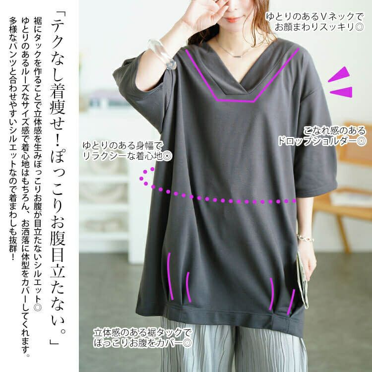大きいサイズ レディース 深Vネック裾タックコクーンチュニック　fem-594