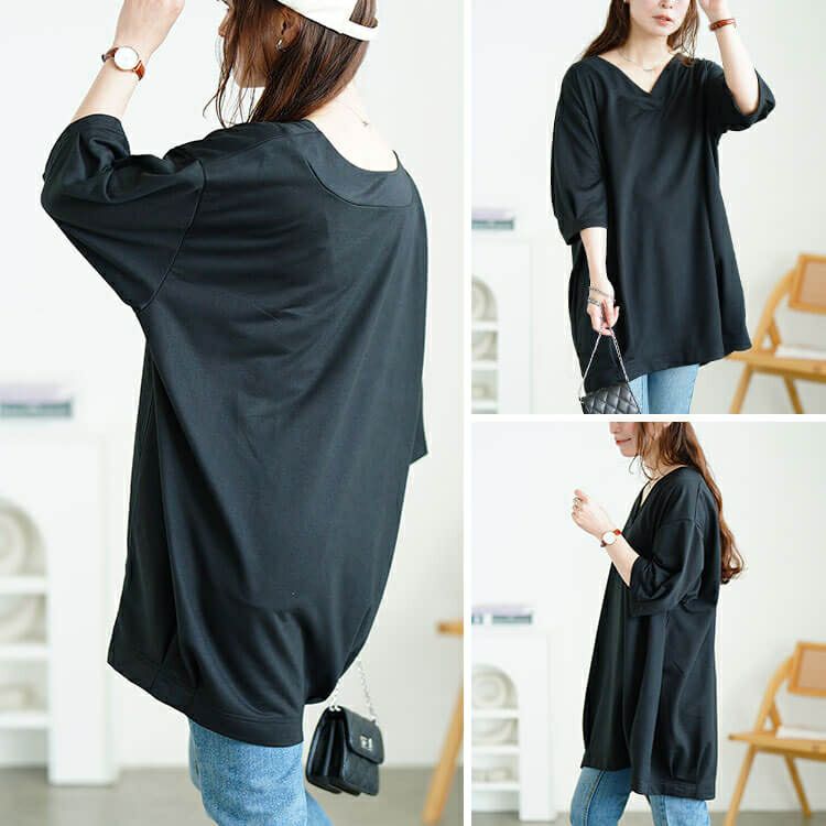 大きいサイズ レディース 深Vネック裾タックコクーンチュニック　fem-594