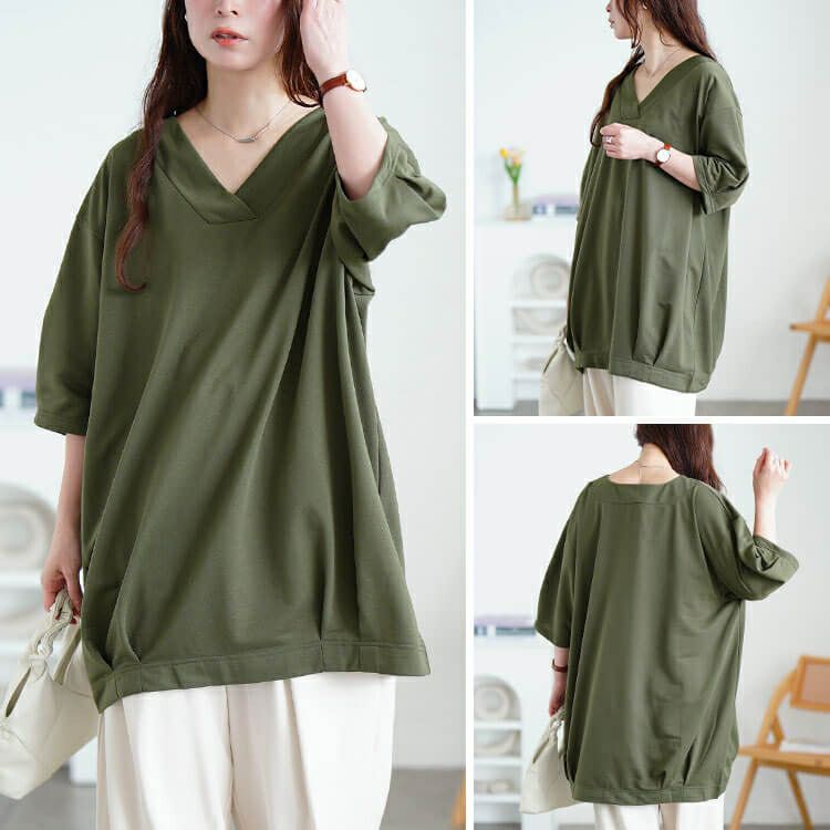 大きいサイズ レディース 深Vネック裾タックコクーンチュニック　fem-594