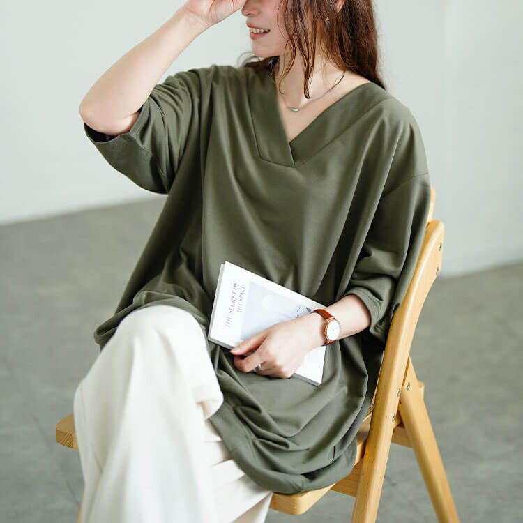 大きいサイズ レディース 深Vネック裾タックコクーンチュニック　fem-594