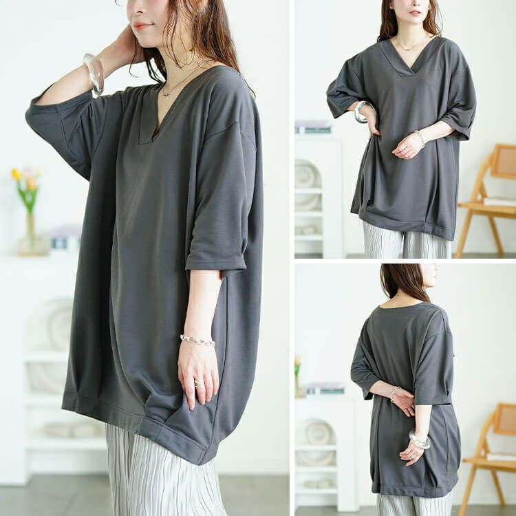 大きいサイズ レディース 深Vネック裾タックコクーンチュニック　fem-594
