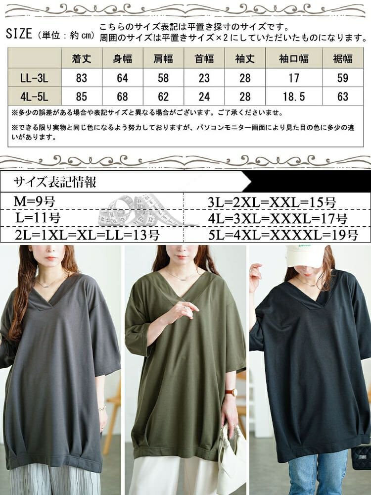 大きいサイズ レディース 深Vネック裾タックコクーンチュニック　fem-594