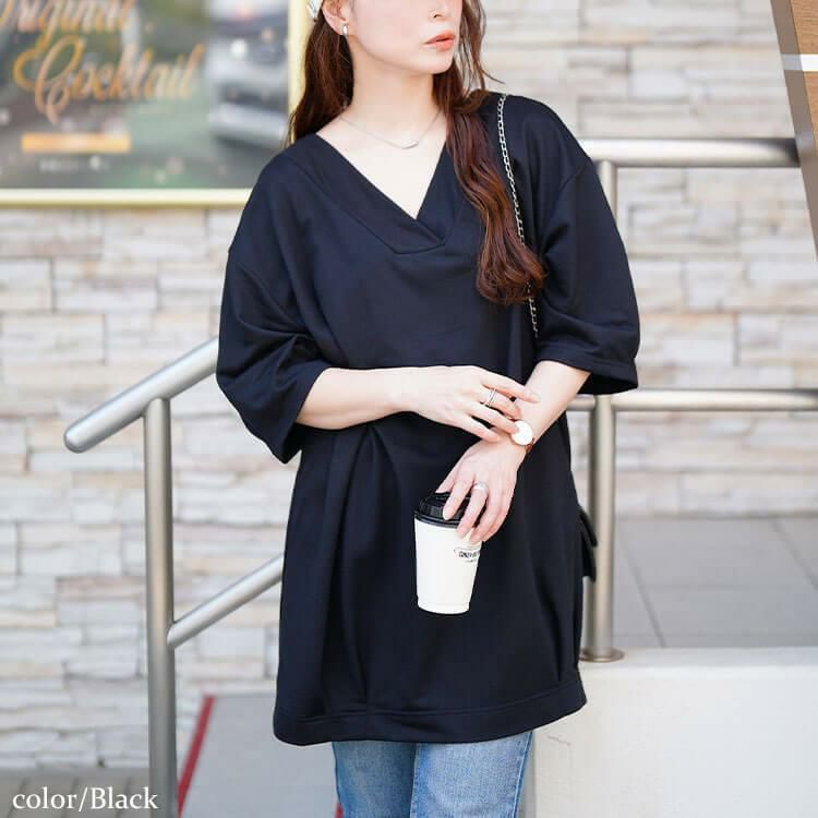 大きいサイズ レディース 深Vネック裾タックコクーンチュニック　fem-594 ブラック
