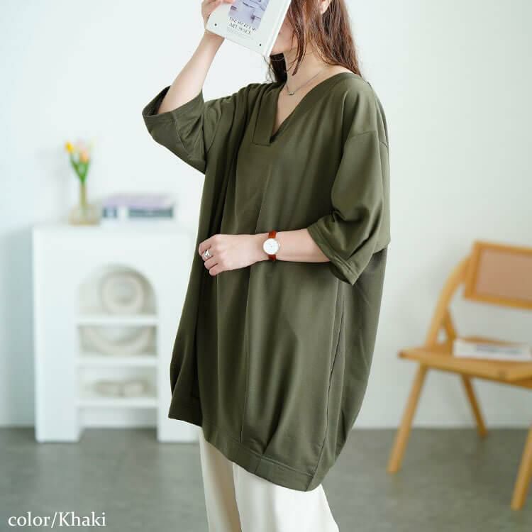 大きいサイズ レディース 深Vネック裾タックコクーンチュニック　fem-594 カーキ