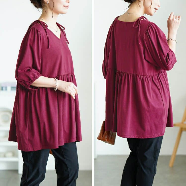 大きいサイズ レディース 肩リボンペプラムVネックチュニック　fem-593
