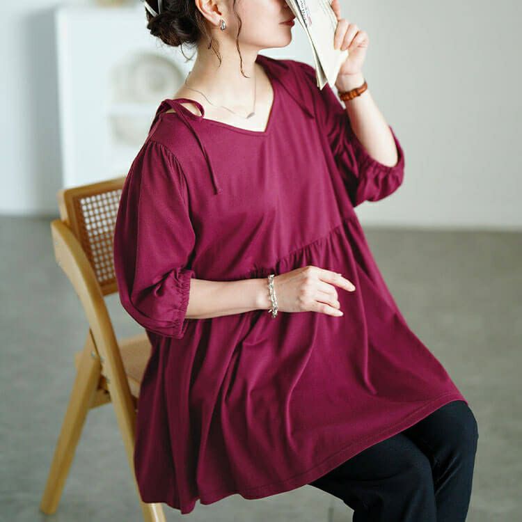 大きいサイズ レディース 肩リボンペプラムVネックチュニック　fem-593