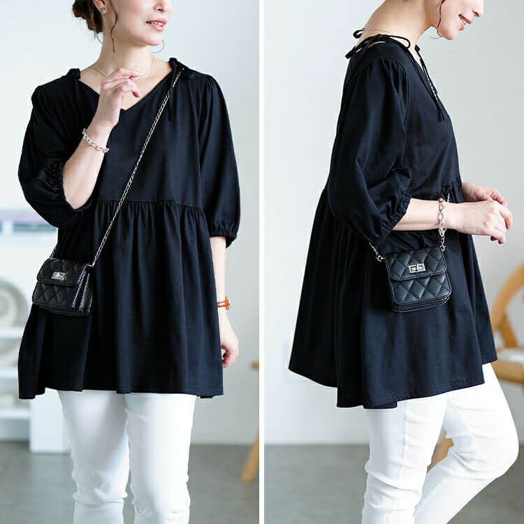 大きいサイズ レディース 肩リボンペプラムVネックチュニック　fem-593