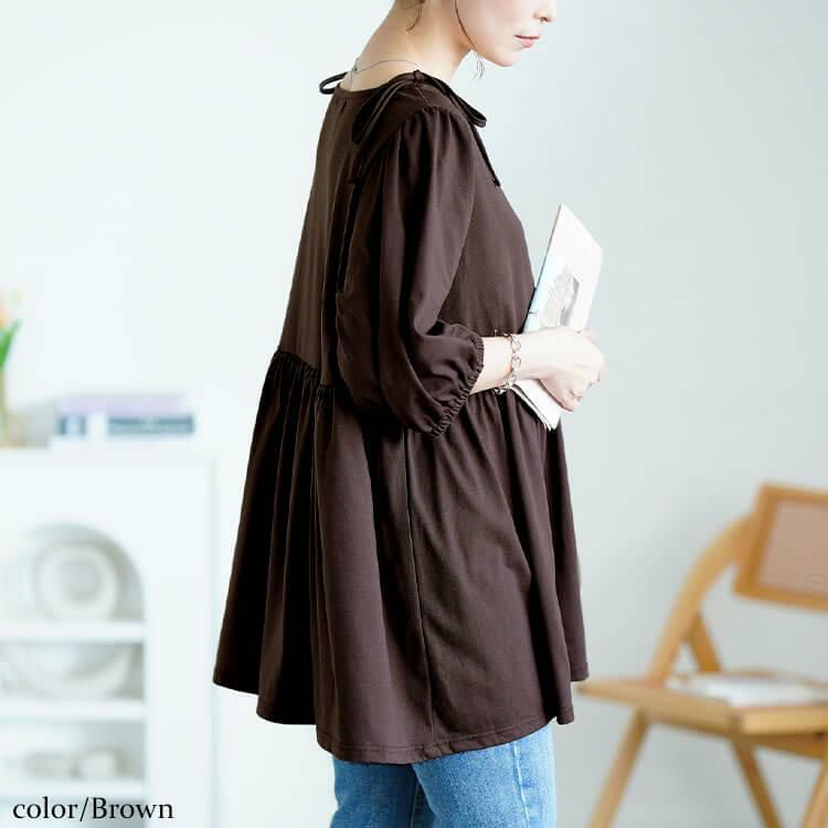 大きいサイズ レディース 肩リボンペプラムVネックチュニック　fem-593 ブラウン