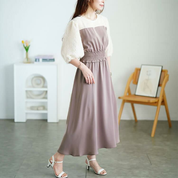 大きいサイズ レディース シャギー切り替えシャーリングワンピース　fem-592 グレージュ