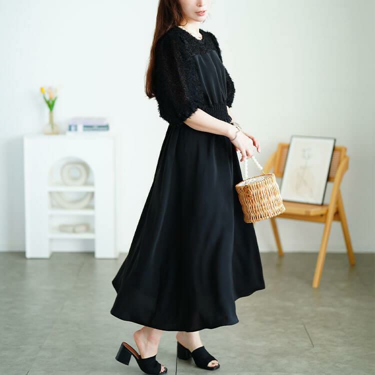 大きいサイズ レディース シャギー切り替えシャーリングワンピース　fem-592 ブラック