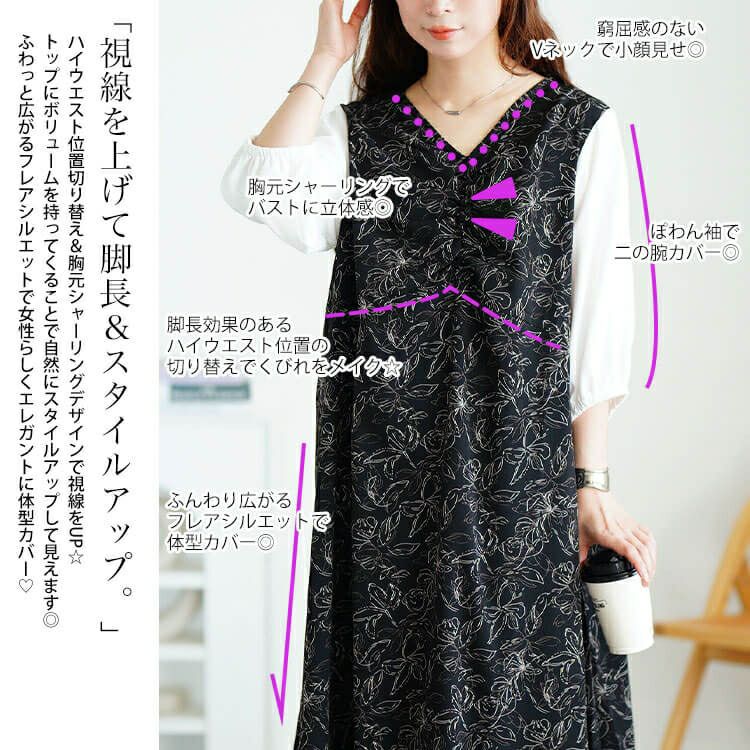 大きいサイズ レディース 花柄胸元ギャザー重ね着風ワンピース　fem-591 【メール便可】