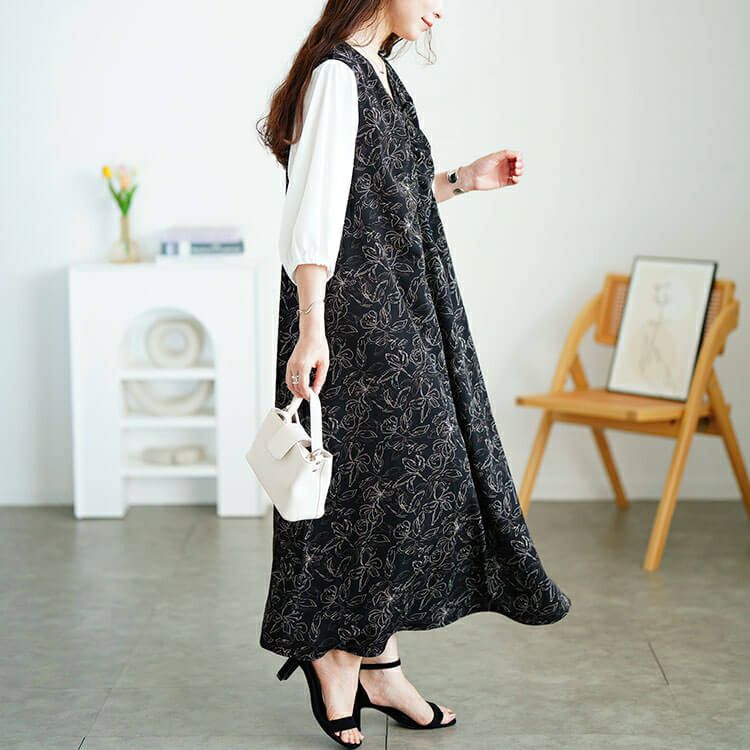 大きいサイズ レディース 花柄胸元ギャザー重ね着風ワンピース　fem-591 【メール便可】