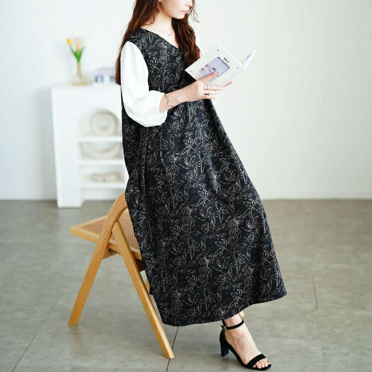 大きいサイズ レディース 花柄胸元ギャザー重ね着風ワンピース　fem-591 【メール便可】