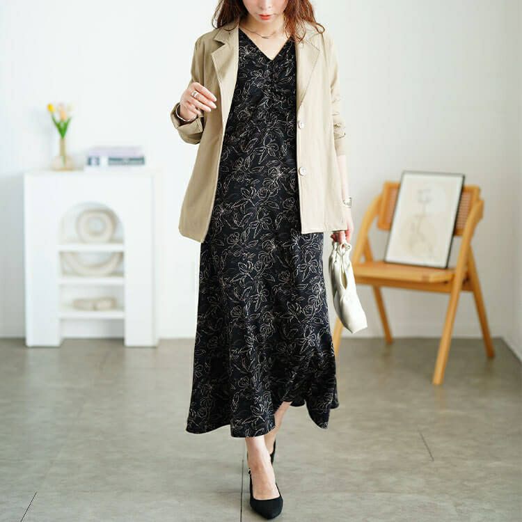 大きいサイズ レディース 花柄胸元ギャザー重ね着風ワンピース　fem-591 【メール便可】