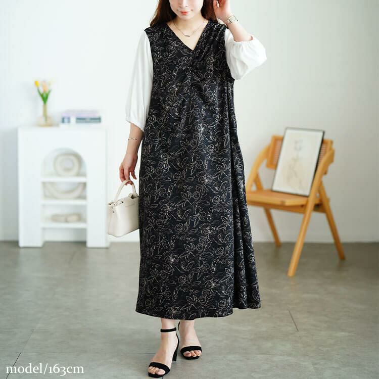 大きいサイズ レディース 花柄胸元ギャザー重ね着風ワンピース　fem-591 【メール便可】 ブラック