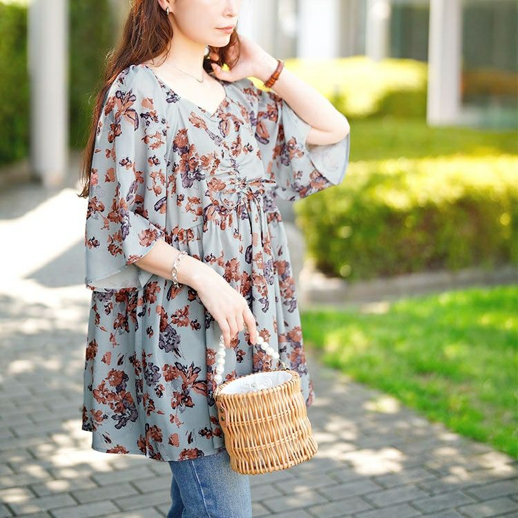 大きいサイズ レディース 花柄胸元ドロストペプラムチュニック　fem-589 【メール便可】