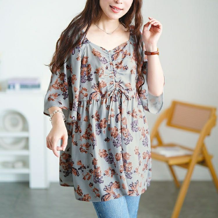 大きいサイズ レディース 花柄胸元ドロストペプラムチュニック　fem-589 【メール便可】