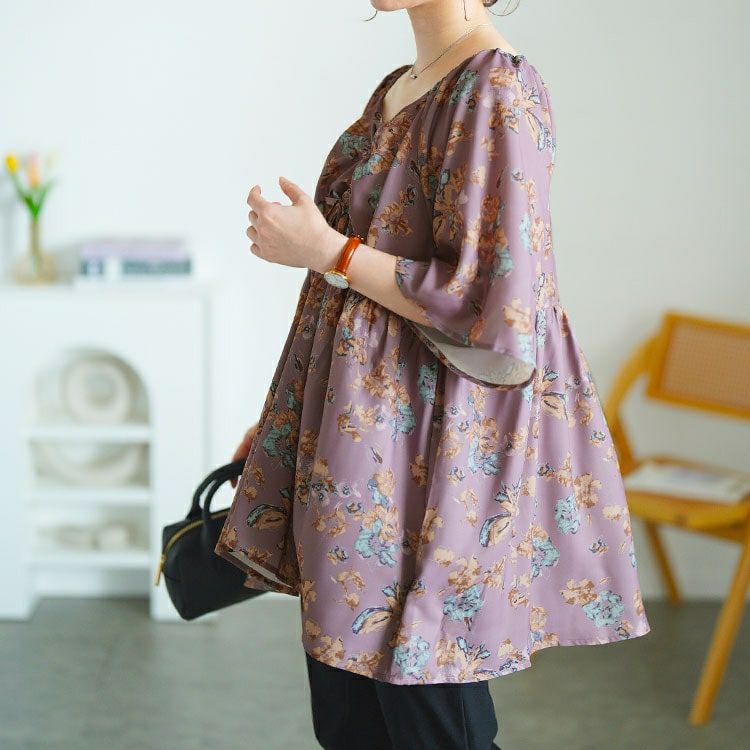 大きいサイズ レディース 花柄胸元ドロストペプラムチュニック　fem-589 【メール便可】