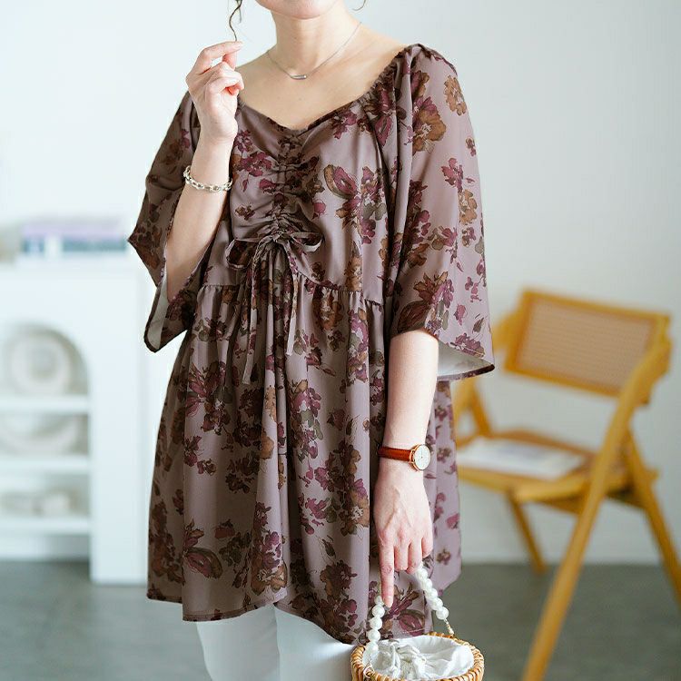 大きいサイズ レディース 花柄胸元ドロストペプラムチュニック　fem-589 【メール便可】