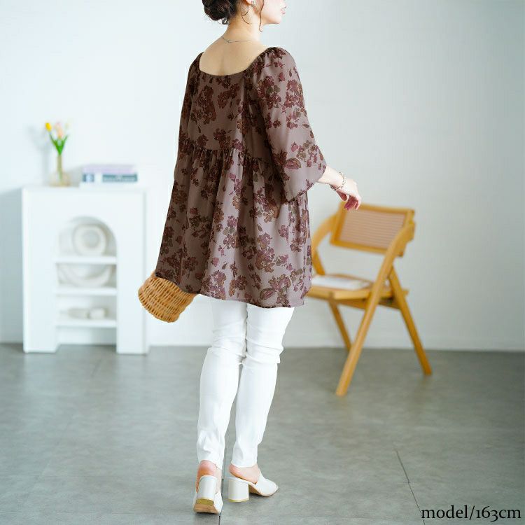 大きいサイズ レディース 花柄胸元ドロストペプラムチュニック　fem-589 【メール便可】
