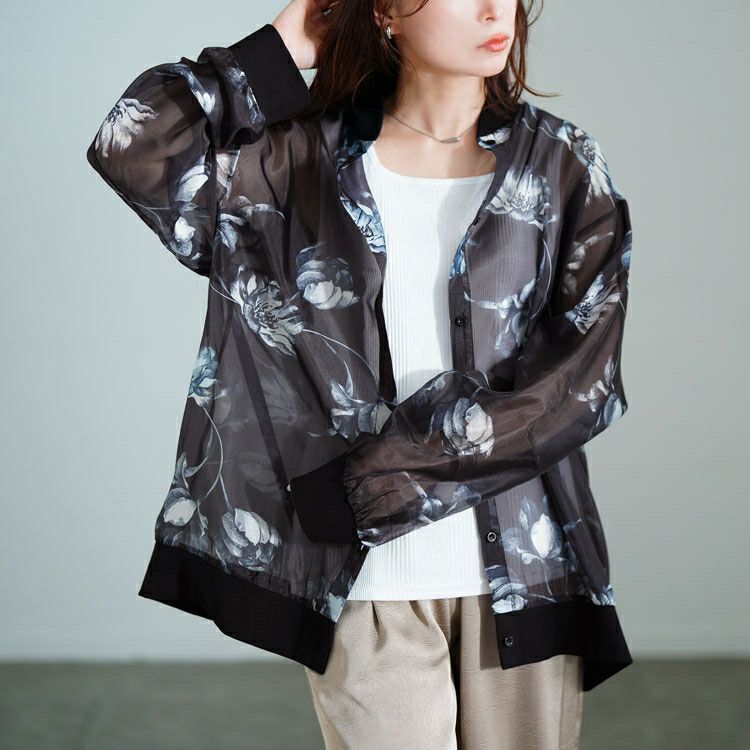 大きいサイズ レディース 花柄プリントシアーシャツ　sw-0785 【メール便可】