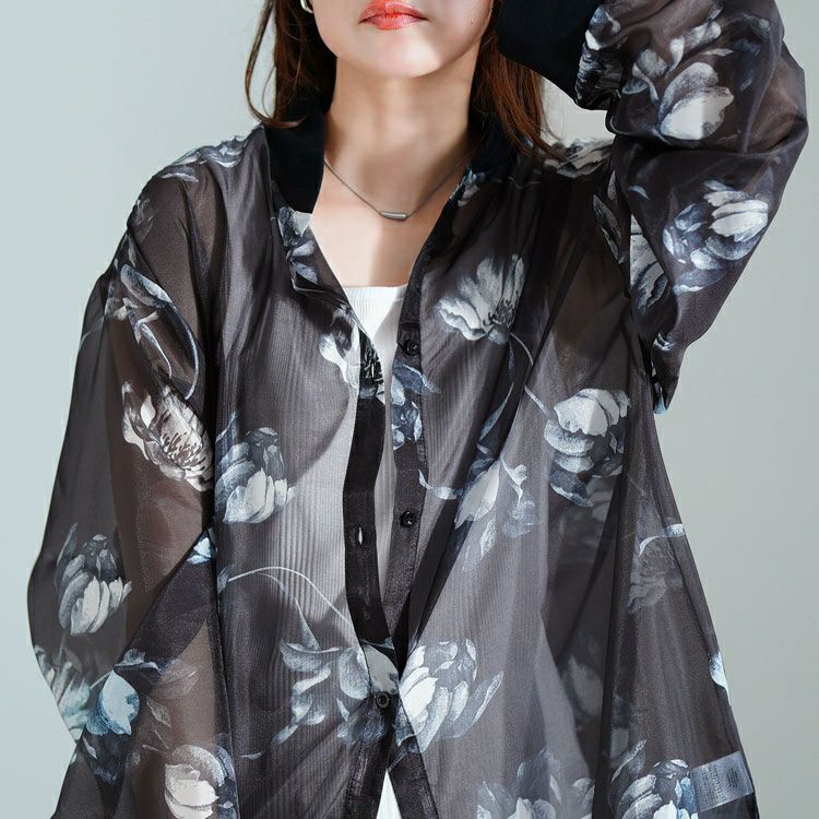 大きいサイズ レディース 花柄プリントシアーシャツ　sw-0785 【メール便可】