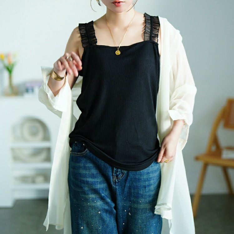 大きいサイズ レディース シアーフリルストラップリブキャミソール　maru-30162 【メール便可】