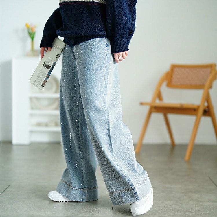 大きいサイズ レディース ラインストーンワイドデニムパンツ　jp552