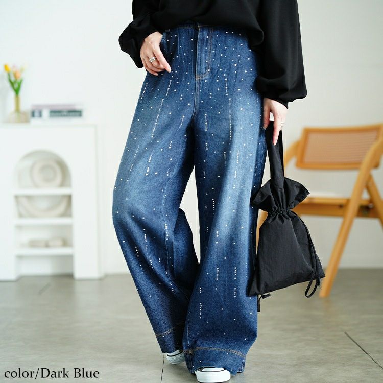 大きいサイズ レディース ラインストーンワイドデニムパンツ　jp552