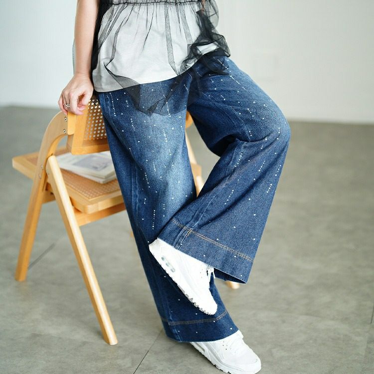 大きいサイズ レディース ラインストーンワイドデニムパンツ　jp552