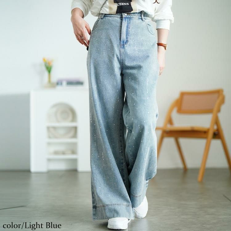 大きいサイズ レディース ラインストーンワイドデニムパンツ　jp552 ライトブルー