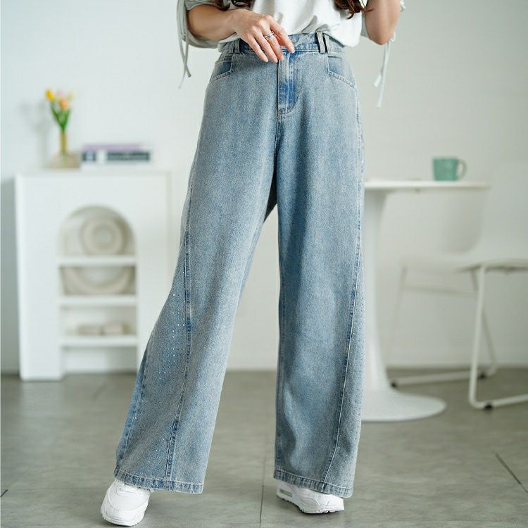 大きいサイズ レディース サイドラインストーンワイドデニムパンツ　jp551