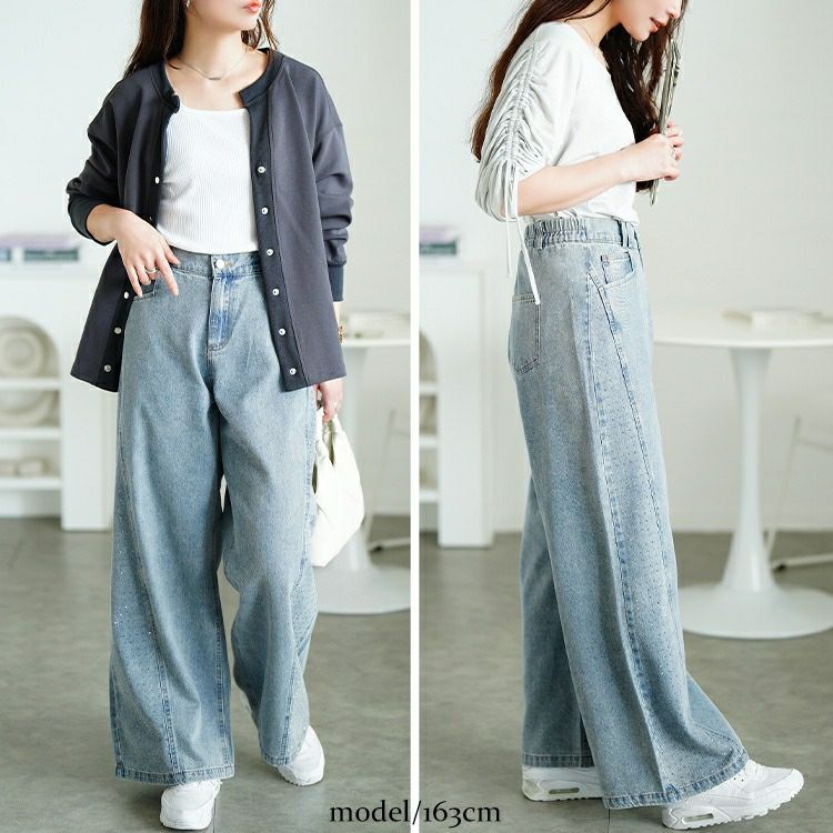 大きいサイズ レディース サイドラインストーンワイドデニムパンツ　jp551