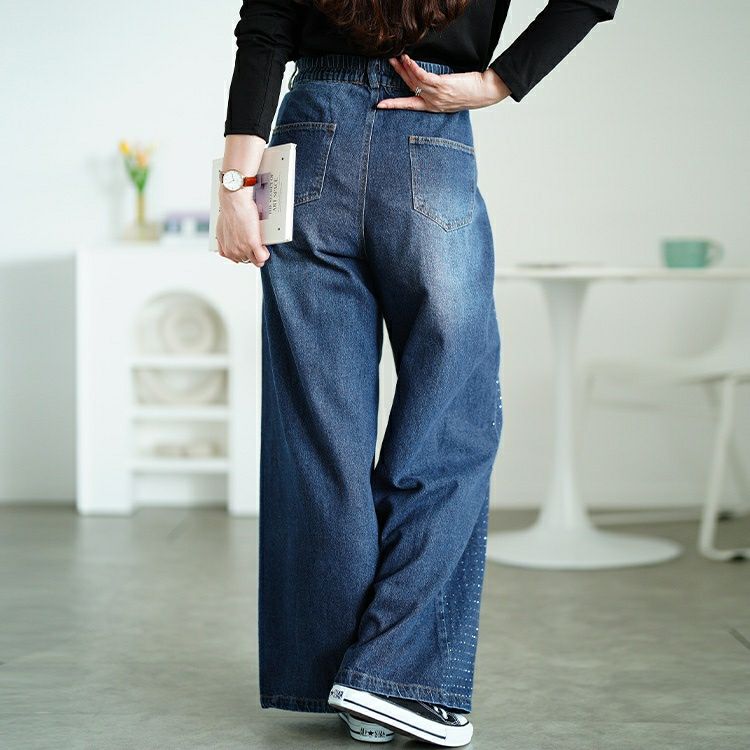 大きいサイズ レディース サイドラインストーンワイドデニムパンツ　jp551