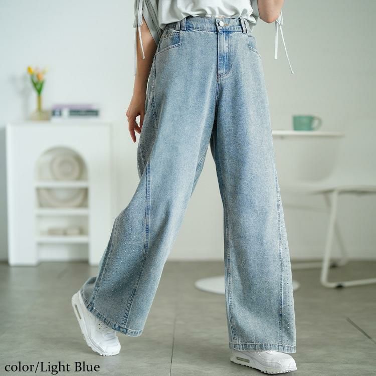 大きいサイズ レディース サイドラインストーンワイドデニムパンツ　jp551 ライトブルー
