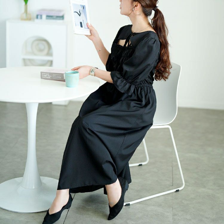 大きいサイズ レディース リボンボレロ風シャーリングワンピース　tani-15612ll