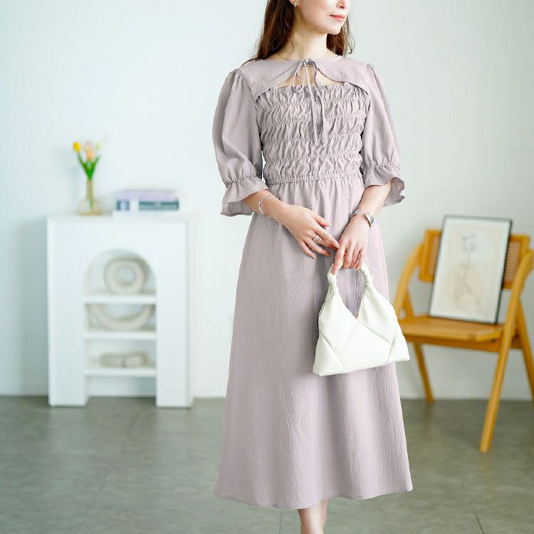 大きいサイズ レディース リボンボレロ風シャーリングワンピース　tani-15612ll