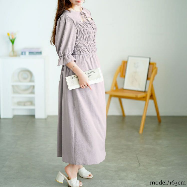 大きいサイズ レディース リボンボレロ風シャーリングワンピース　tani-15612ll