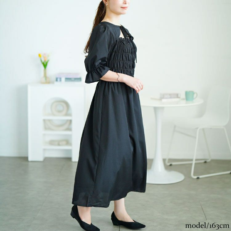 大きいサイズ レディース リボンボレロ風シャーリングワンピース　tani-15612ll