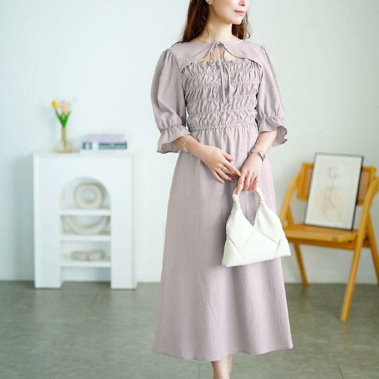 大きいサイズ レディース リボンボレロ風シャーリングワンピース　tani-15612ll グレー