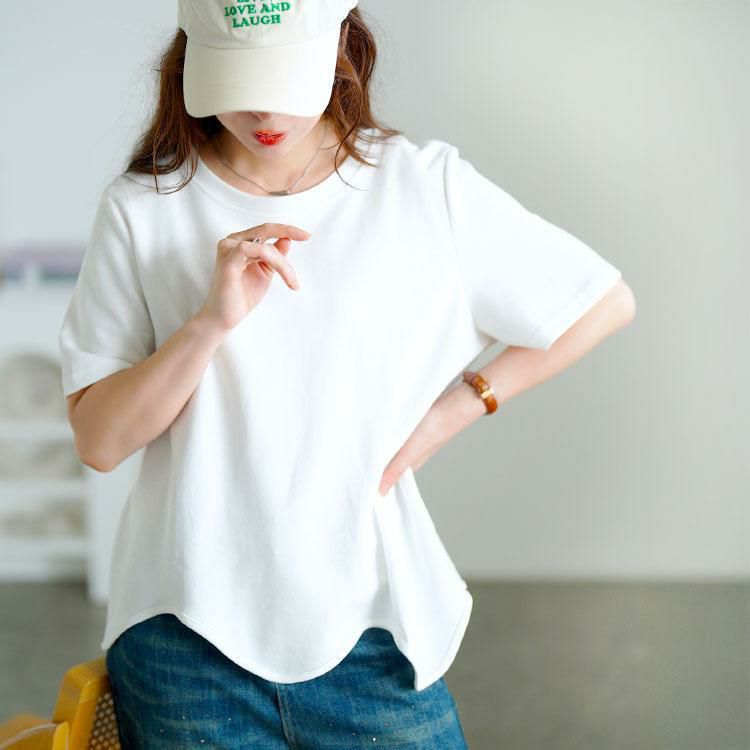 大きいサイズ レディース ウェーブ裾アシメTシャツ　goldy-1703【メール便可】 ホワイト