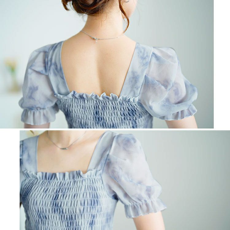 大きいサイズ レディース 水彩花柄シャーリングワンピース　goldy-1696【メール便可】