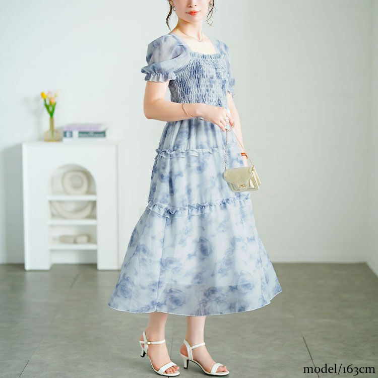 大きいサイズ レディース 水彩花柄シャーリングワンピース　goldy-1696【メール便可】