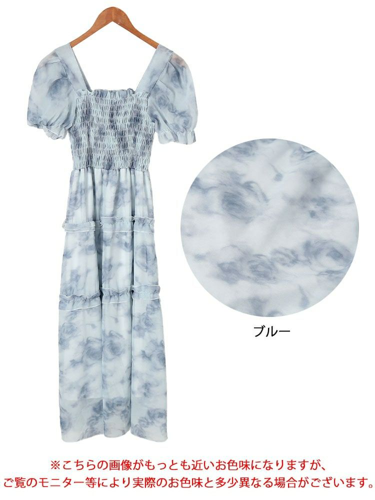 大きいサイズ レディース 水彩花柄シャーリングワンピース　goldy-1696【メール便可】