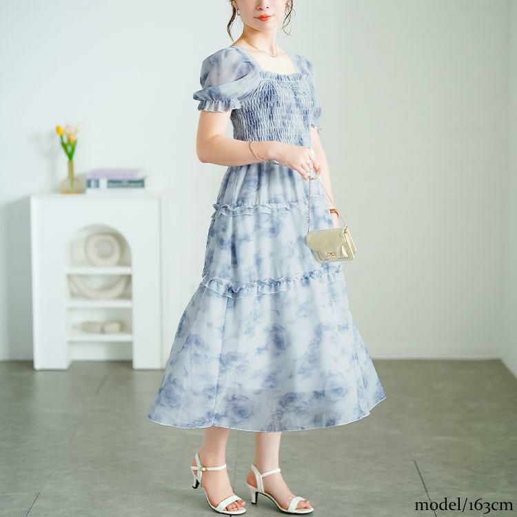 大きいサイズ レディース 水彩花柄シャーリングワンピース　goldy-1696【メール便可】 ブルー