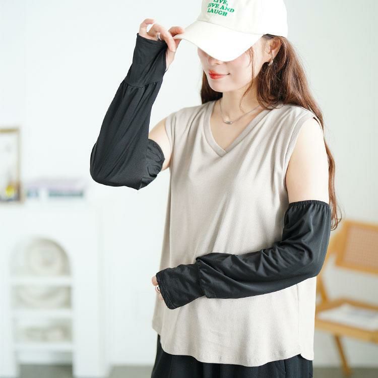 大きいサイズ レディース 指穴付きロングアームカバー　goldy-1694【メール便可】 ブラック