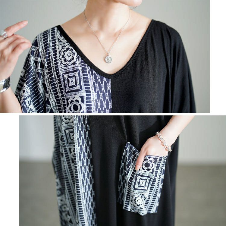 大きいサイズ レディース 幾何学柄アシメ切り替えワンピース　jp542 【メール便可】