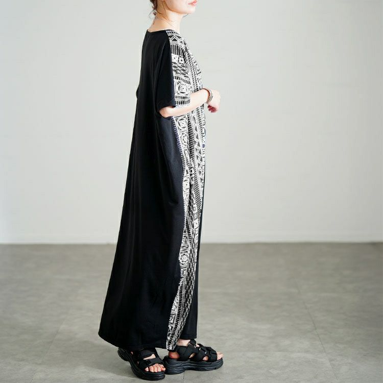 大きいサイズ レディース 幾何学柄アシメ切り替えワンピース　jp542 【メール便可】